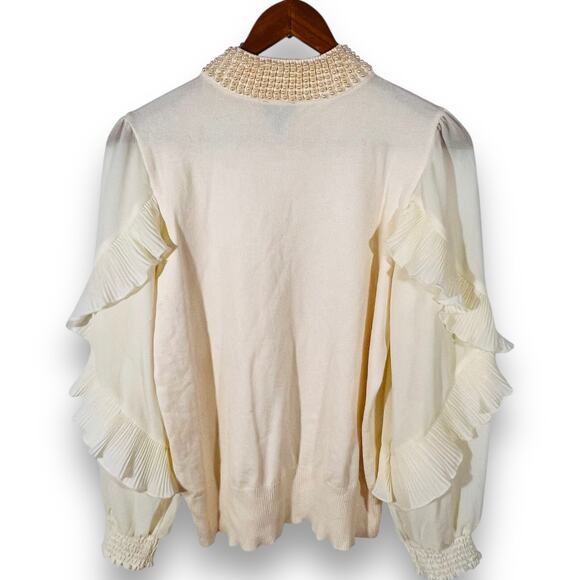 Mally Roncal Ivory Sweater Pearl Mock Neck Ruffle Sleeve XXS - Picture 4 of 12
